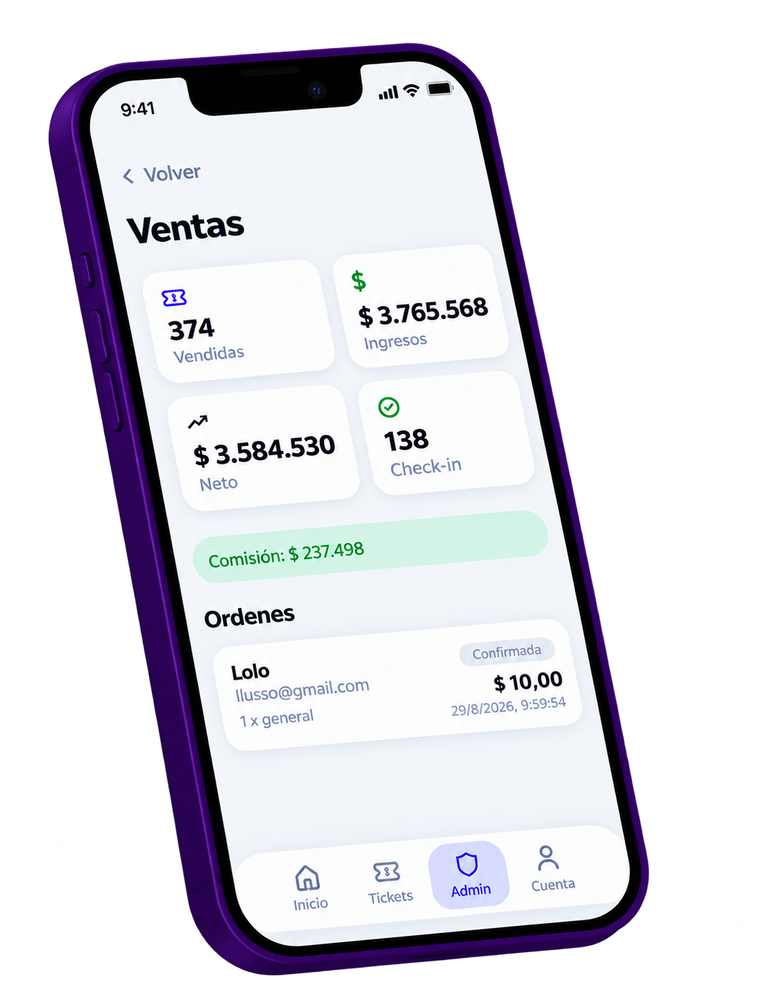 App de ¿Qué Sale? mostrando ventas del evento en tiempo real